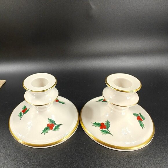 Pickard China Hand Decorated Poinsettia Candle Stick Holder Set 2 Porcelain USA - Picture 12 of 13